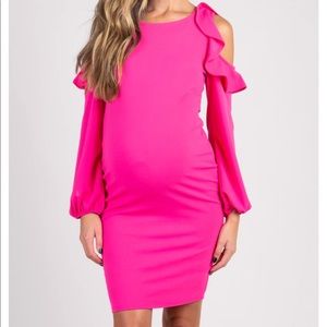 PinkBlush Hot Pink Ruffle Trim Puff Sleeve Maternity Dress